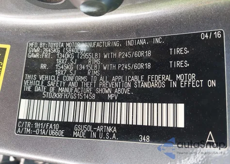 2016 Toyota Highlander Le z USA, uszkodzony, nr VIN 5TDZKRFH7GS151458